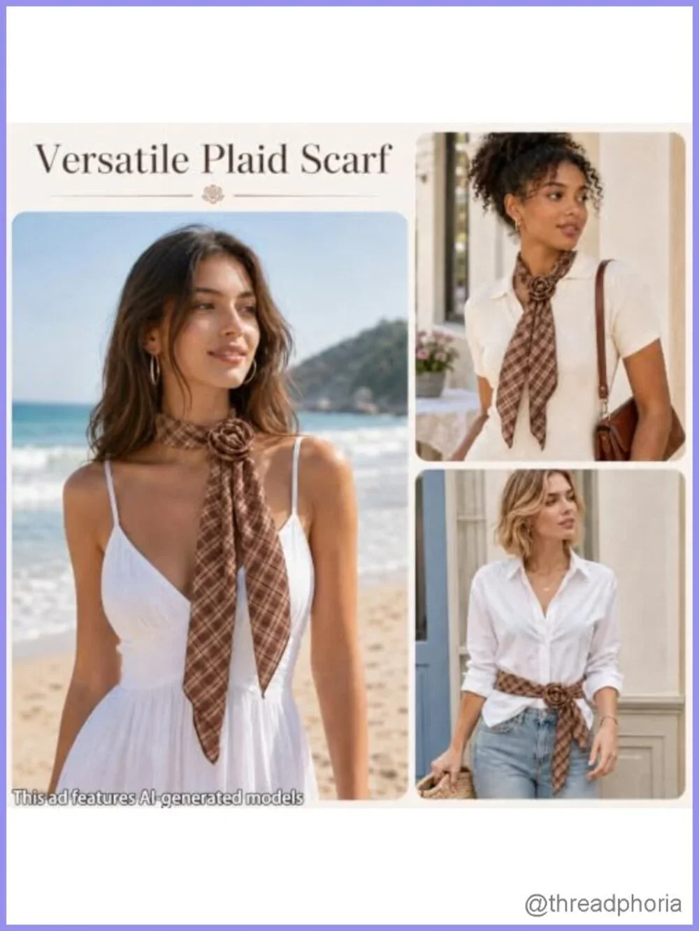 Plaid Chiffon Skinny Scarf with Rose Clip for Women